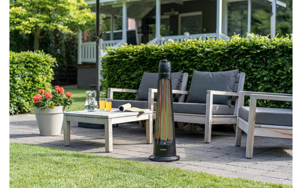 Bakside av Elektrisk terrassestråler Q-Tower 1200 W med svingfunksjon