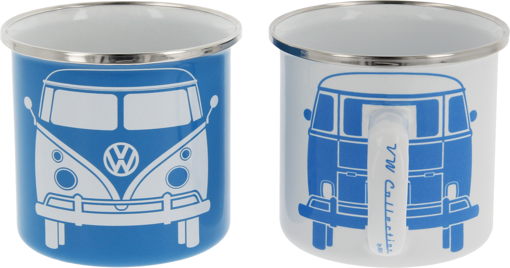 Emaljkopper T1 Bus sett 2 stk 350 ml hvit/blå forfra