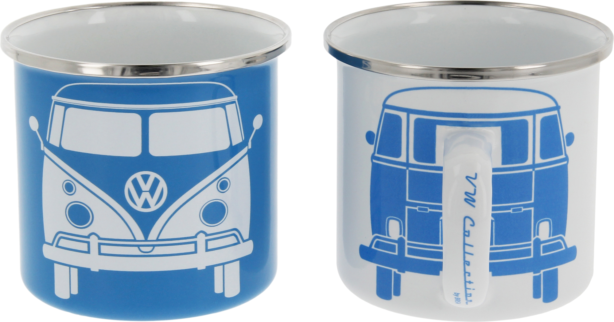 Emaljkopper T1 Bus sett 2 stk 350 ml hvit/blå forfra