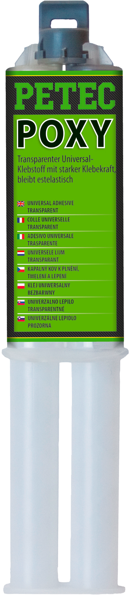 Epoksylim 2K transparent 24 ml dobbeltsprøyte POXY - Petec forfra