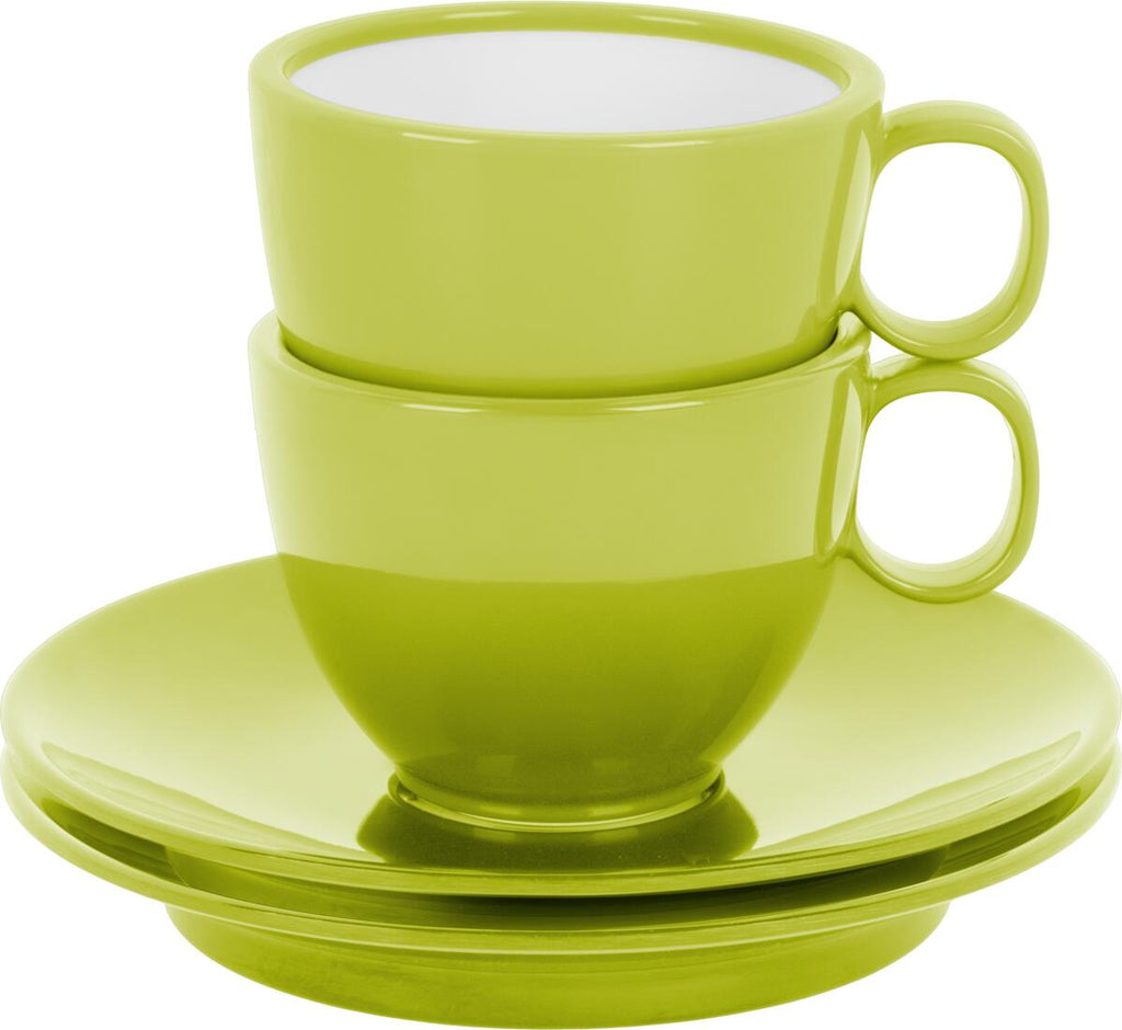 Detalj av Espressokoppsett Space 2 stk 60ml porselen gul med antiskli underkopper