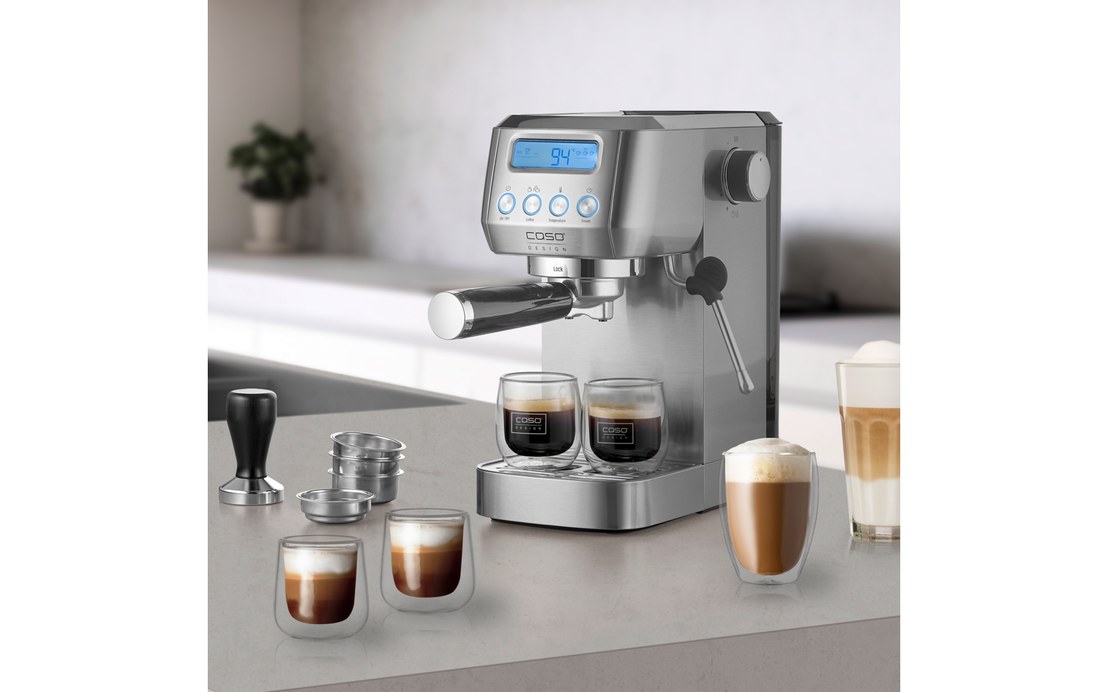 Nærbilde av kontrollpanelet på Espressomaskin EspressoGourmet Crema 20 bar med dampstav