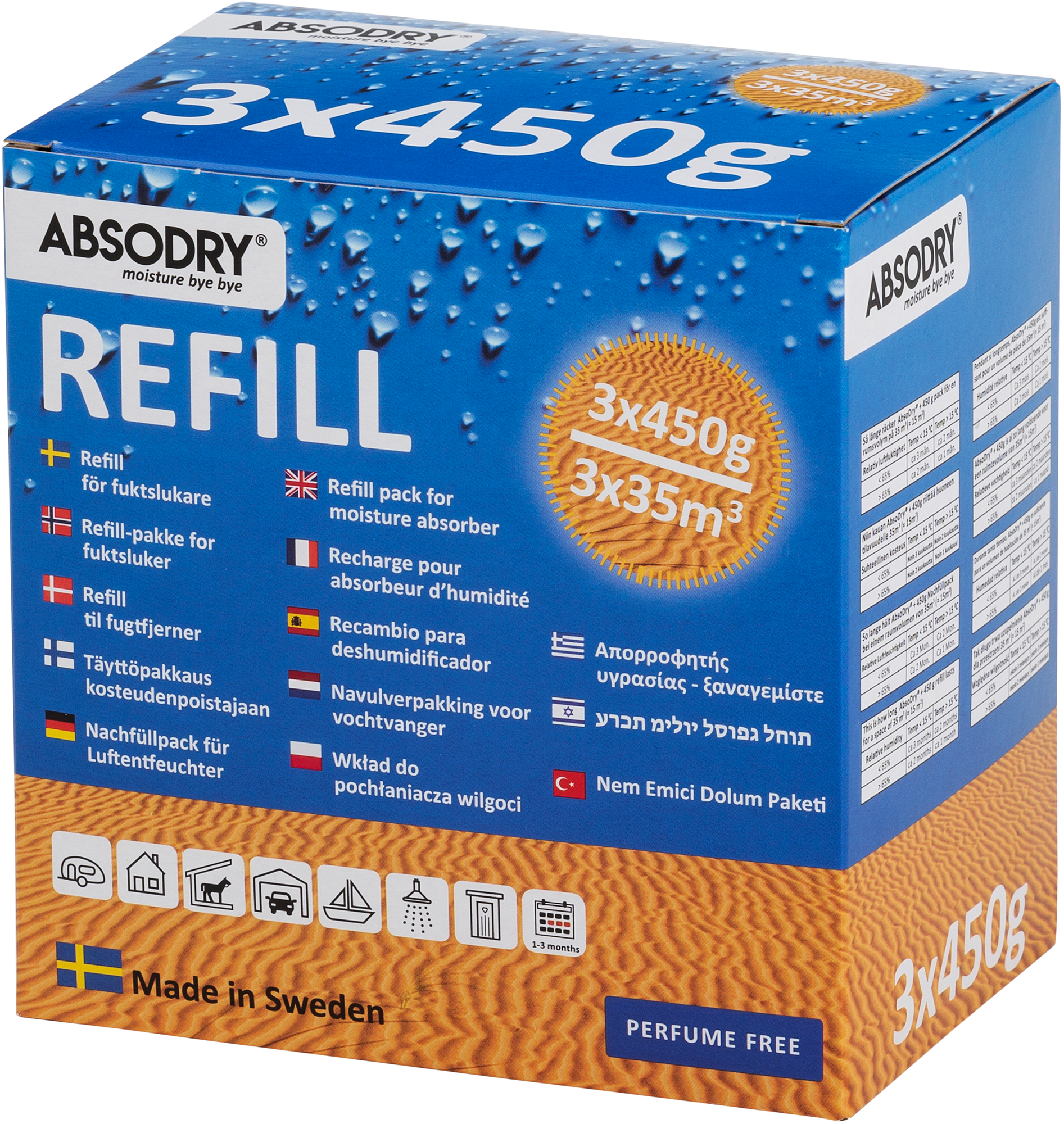 Etterfyllingsposer for luftavfukter 3 x 450 g Classic - Absodry for fuktighetskontroll