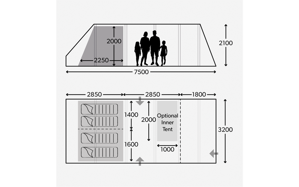 Familietelt Ascension FTX 401 for 4 personer med luftstenger - Dometic sett fra siden med flere innganger