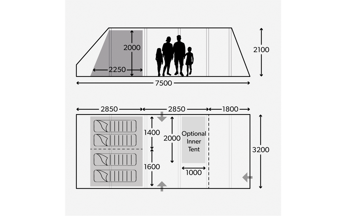 Familietelt Ascension FTX 401 for 4 personer med luftstenger - Dometic sett fra siden med flere innganger