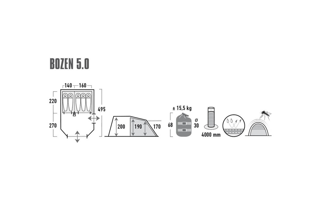 Familietelt Bozen 5.0 for 5 personer 4000 mm 15,5 kg - High Peak sett fra siden med vinduer og innganger