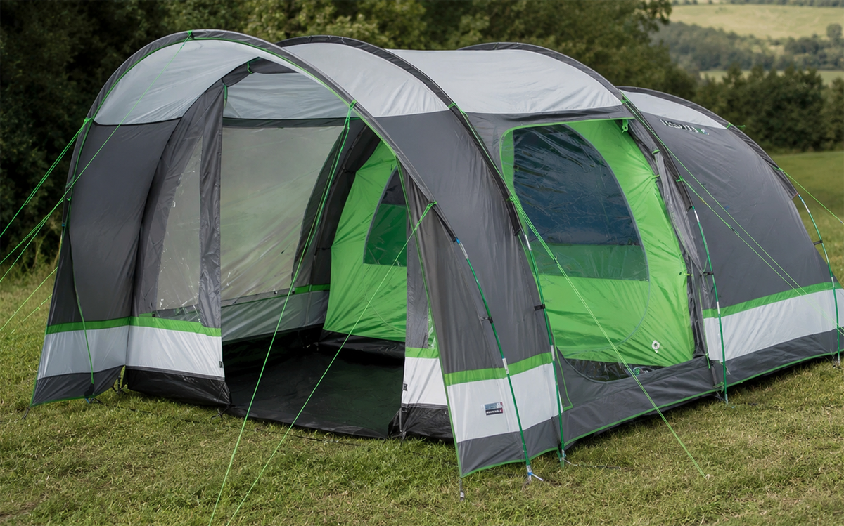 Familietelt Brixen 5.0 for 5 personer 4000 mm 15,2 kg - High Peak i grått, oppslått sett forfra med fortelt