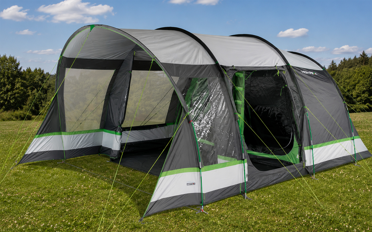 Familietelt Garda 4.0 for 4 personer 550 x 320 cm - High Peak oppslått sett forfra med veranda