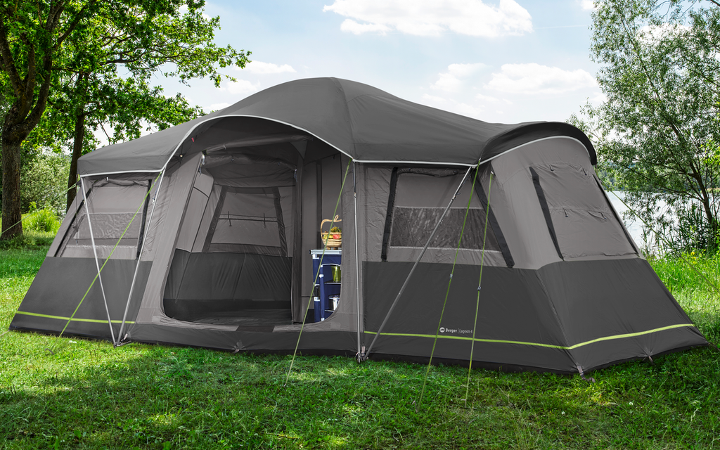 Familietelt Lagoon 4 for 4 personer 560x230x218 cm 2 soverom oppsatt sett forfra i antrasitt