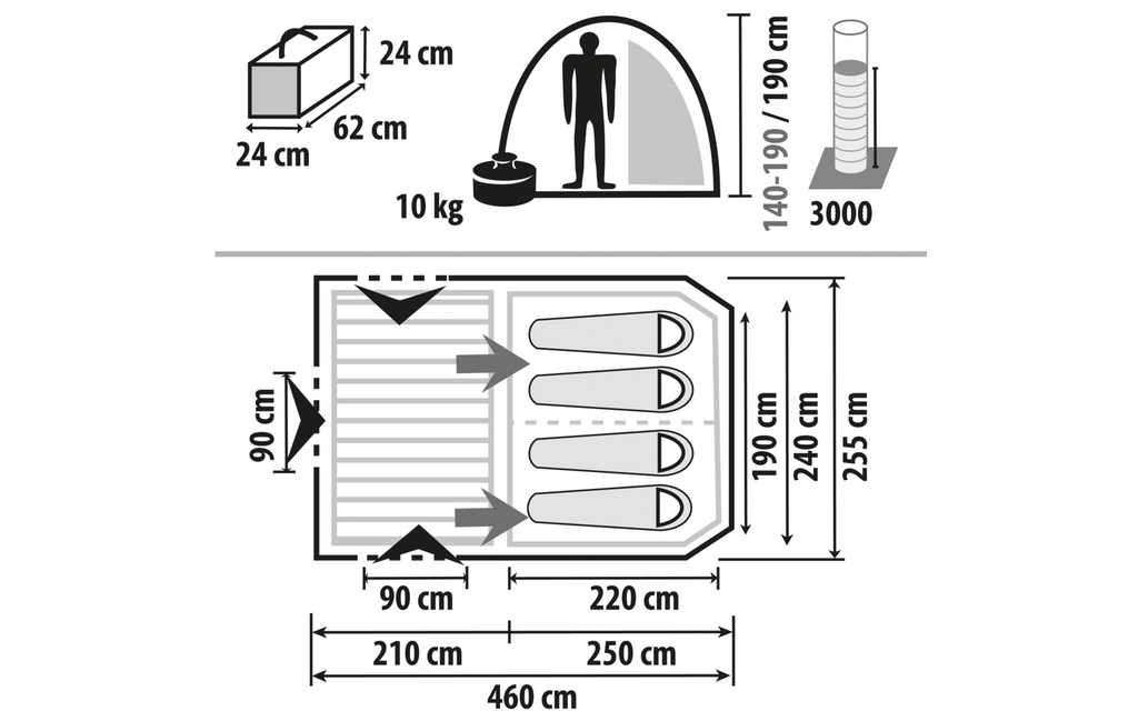 Familietelt Merano 4 for 4 personer med soverom 460 x 255 cm, detalj av inngang og soverom