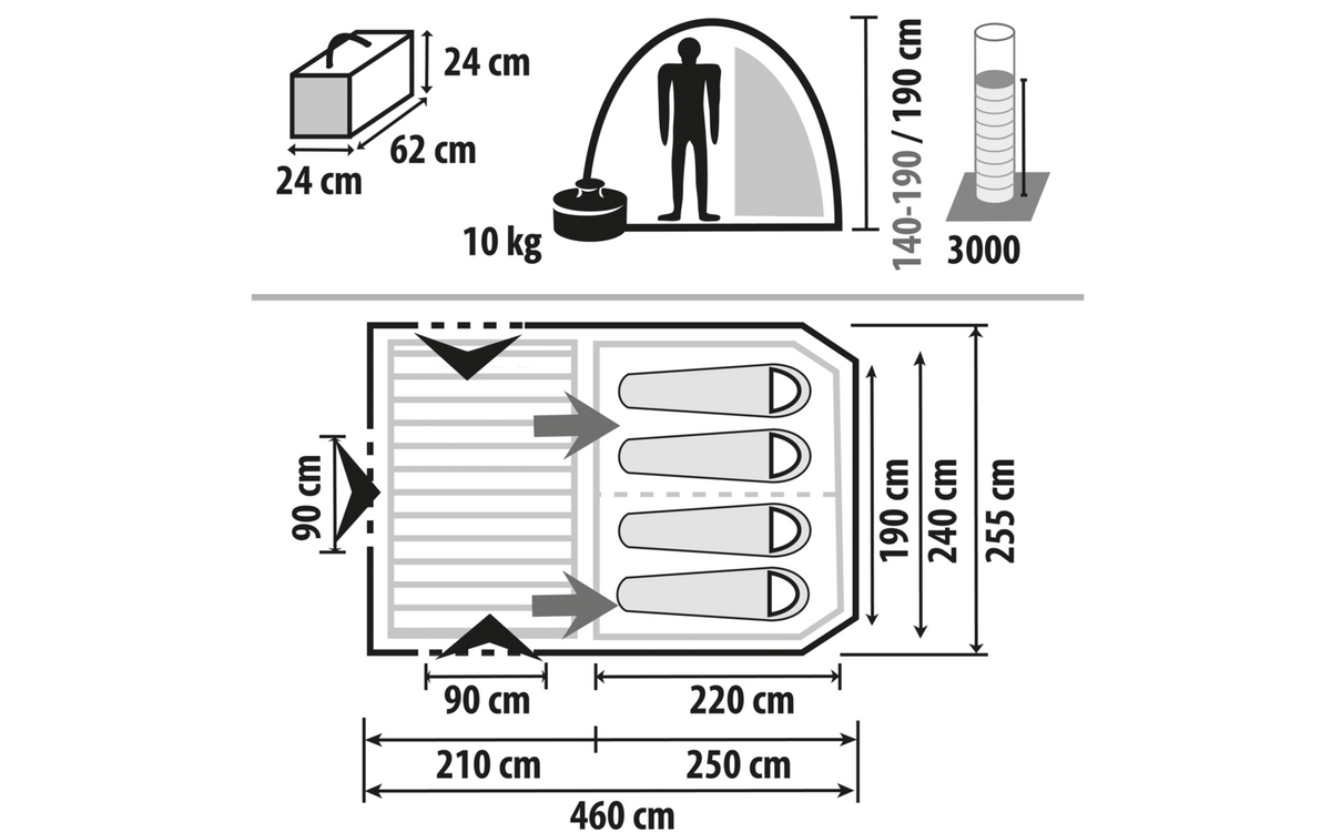 Familietelt Merano 4 for 4 personer med soverom 460 x 255 cm, detalj av inngang og soverom