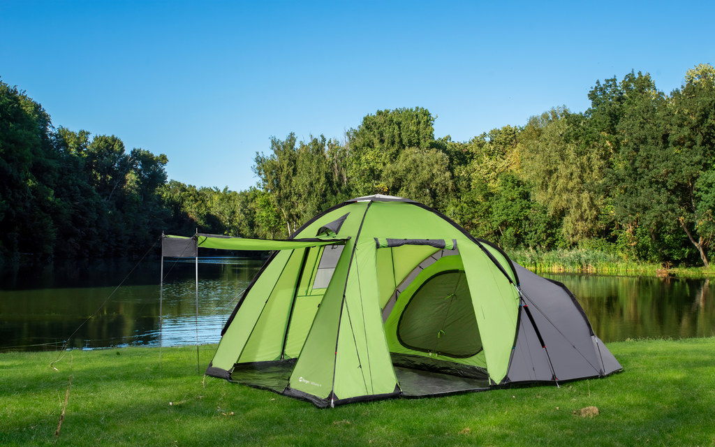 Familietelt Merano 4 for 4 personer med soverom 460 x 255 cm i grønt, oppslått sett forfra