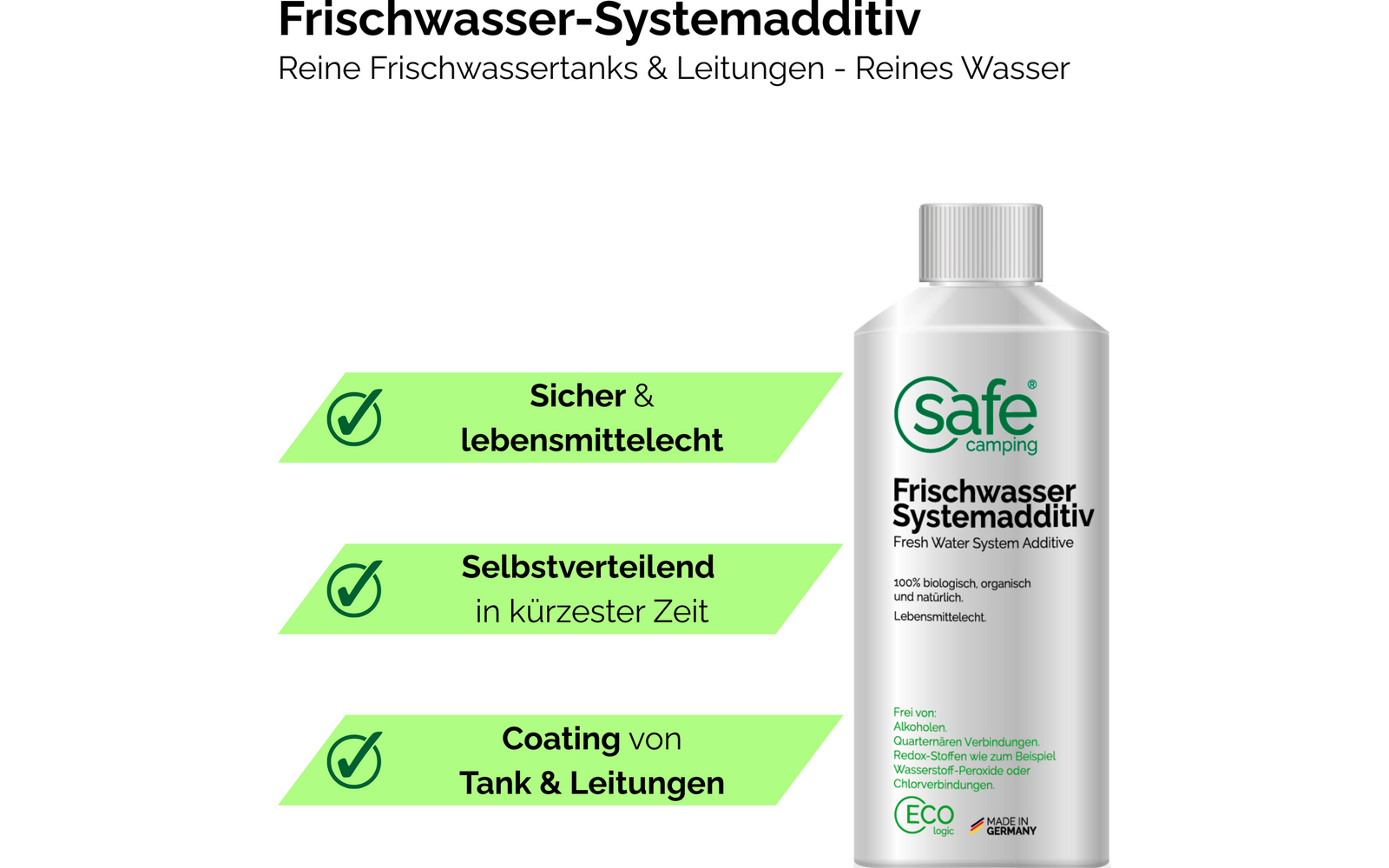 Detalj av Ferskvann-systemtilsetning for tank og ledninger 250 ml - SAFE CAMPING flaske