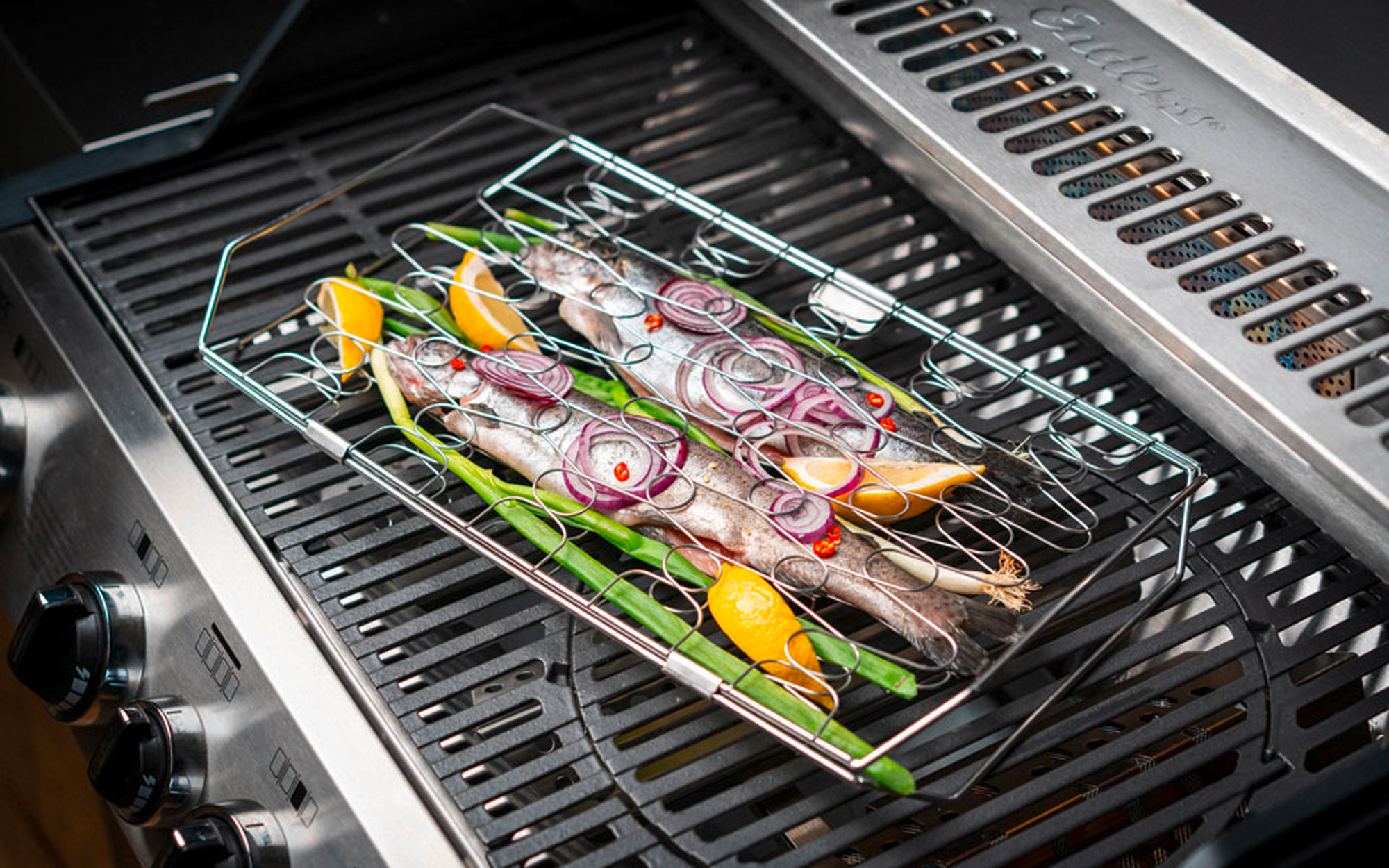 Fiske- og grønnsaksholder for grill 44 x 22,5 cm rustfritt stål Enders