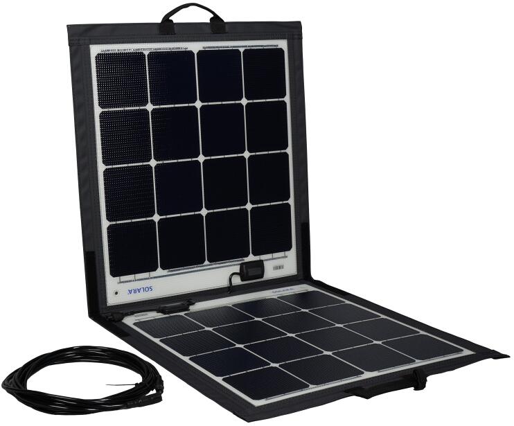 Nærbilde av kabel og kontakter på Fleksibelt solcellepanel 120Wp monokrystallin 1342x628mm - Solara