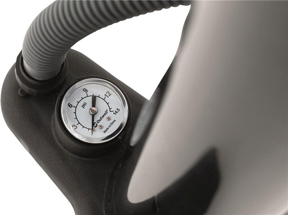 Baksiden av Flow teltpumpe med manometer og slange