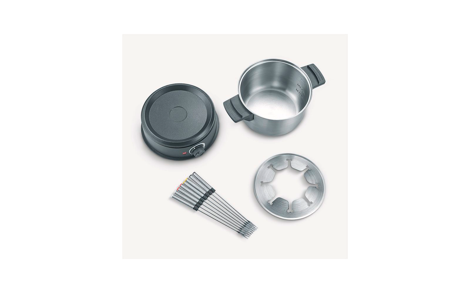 Fonduesett FO 2470 1500 W med ståltopf sølv montert og i bruk