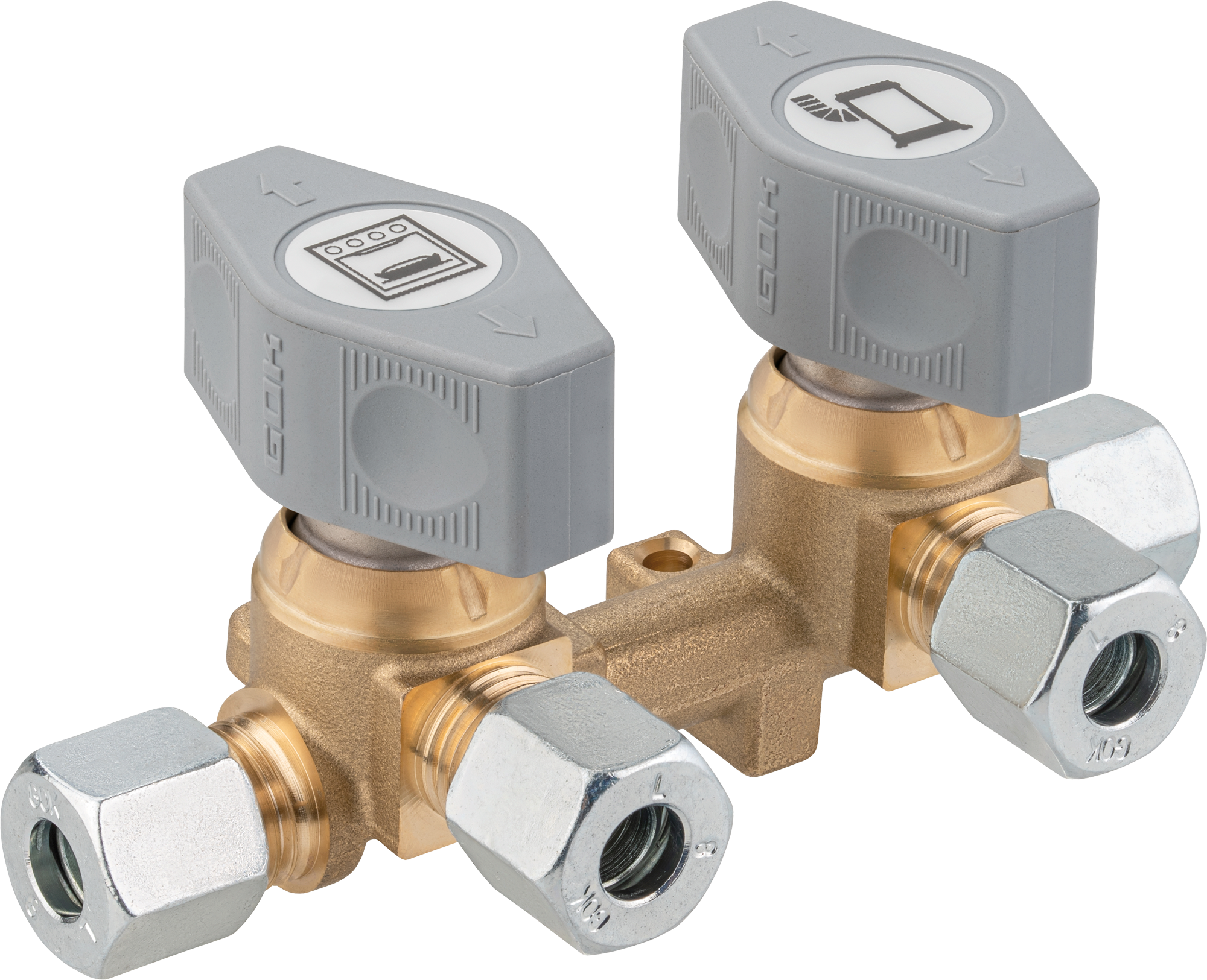 Fordelingsblokk 2 utganger 8 mm for gassinstallasjon - GOK forfra