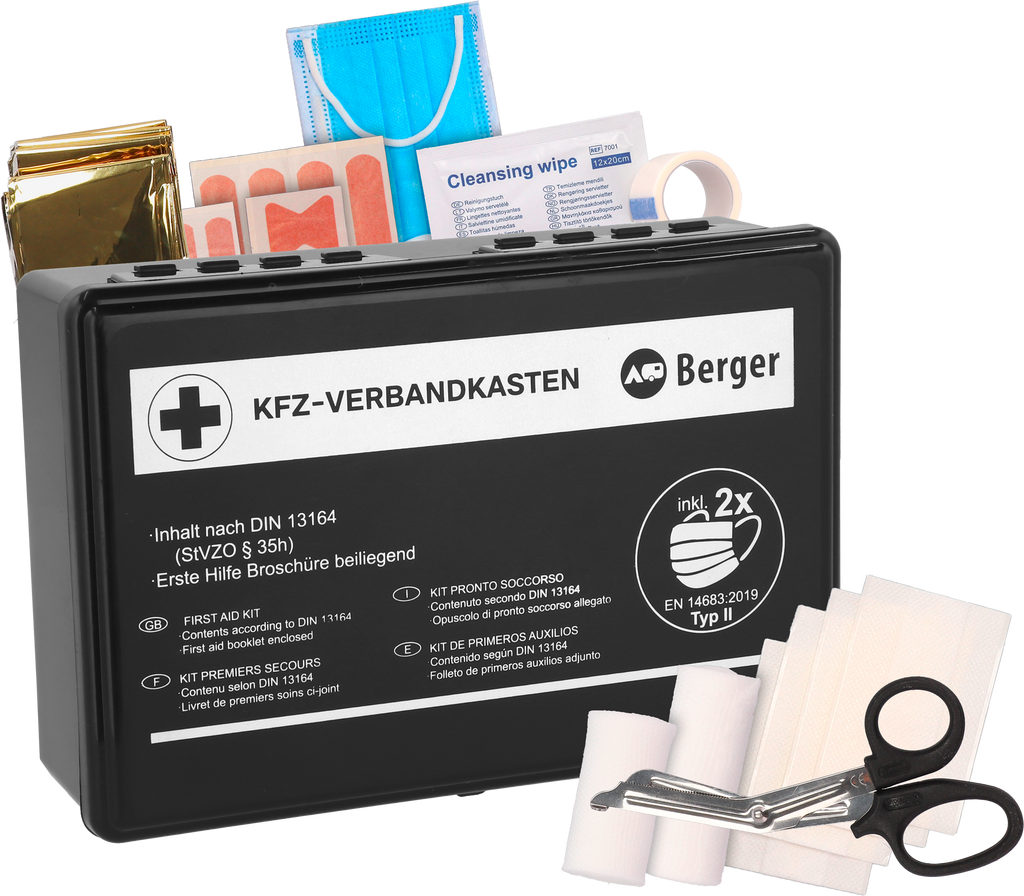 Førstehjelpskoffert for kjøretøy DIN 13164:2022 510 g forfra