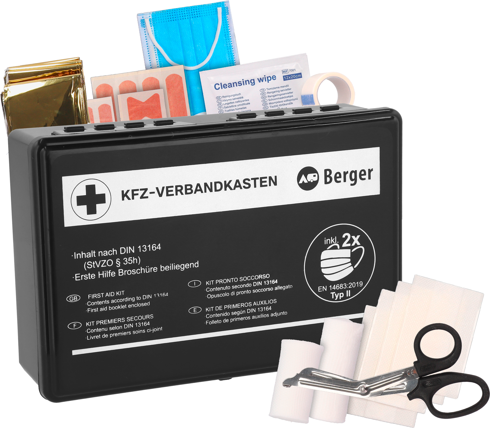Førstehjelpskoffert for kjøretøy DIN 13164:2022 510 g forfra