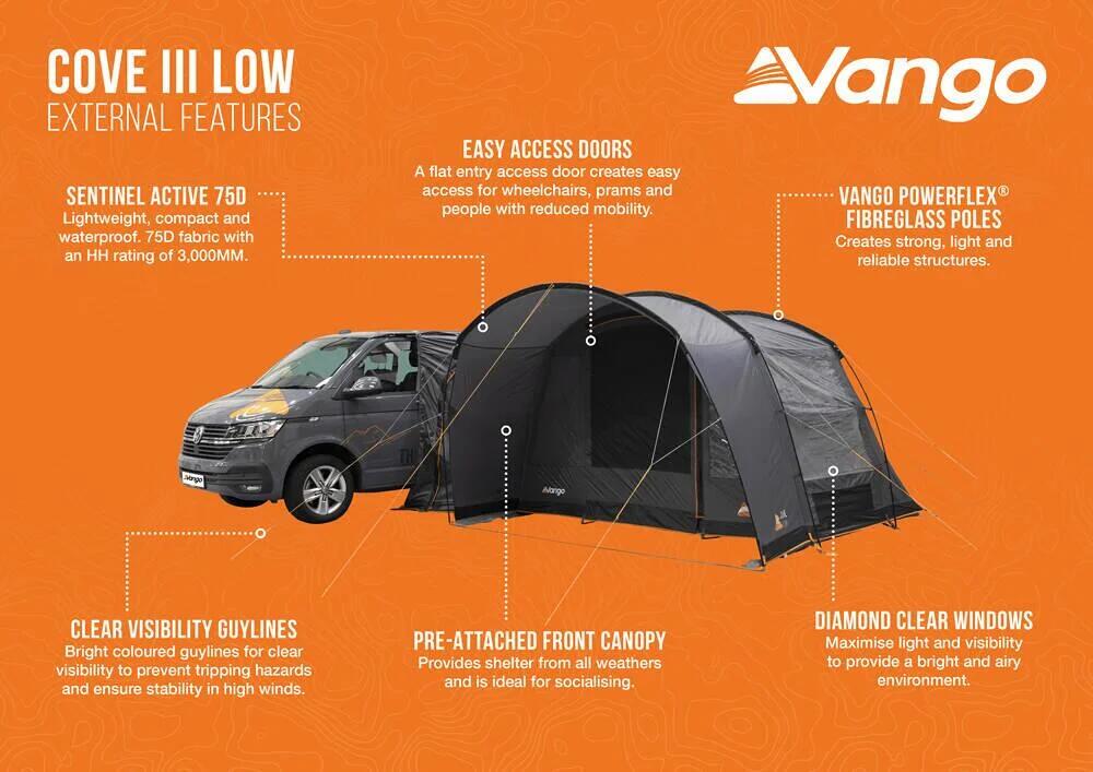 Fortelt Cove III Low 310x320cm for campingbuss nærbilde av stenger