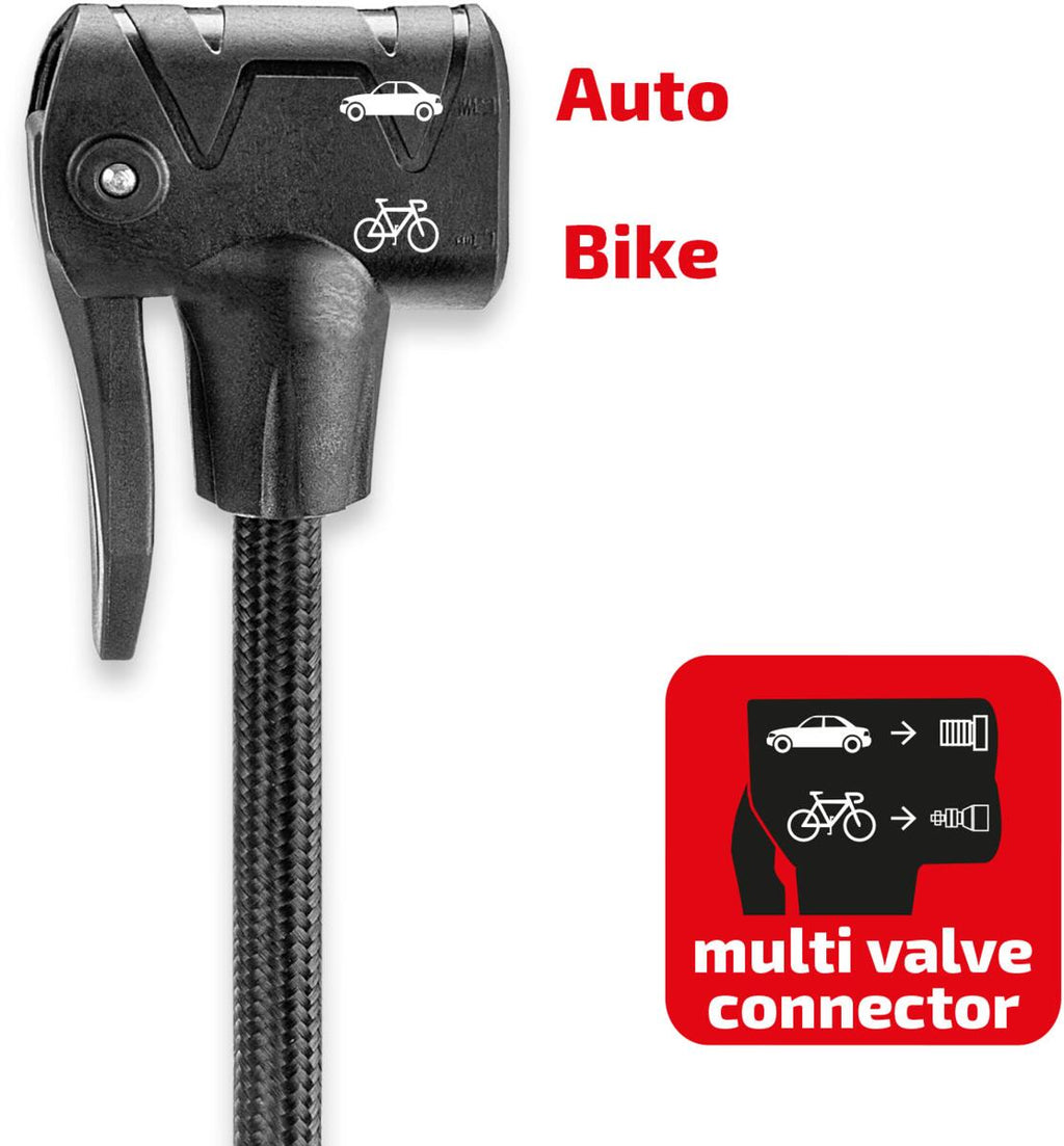 Fotpumpe med manometer 10 bar, 60 cm slange - Heyner pakkeinnhold