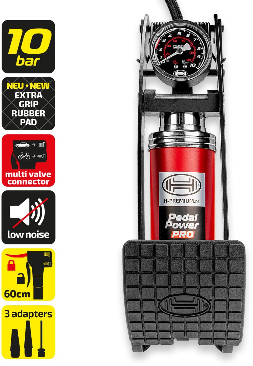 Fotpumpe med manometer 10 bar, 60 cm slange - Heyner slange og manometer detalj