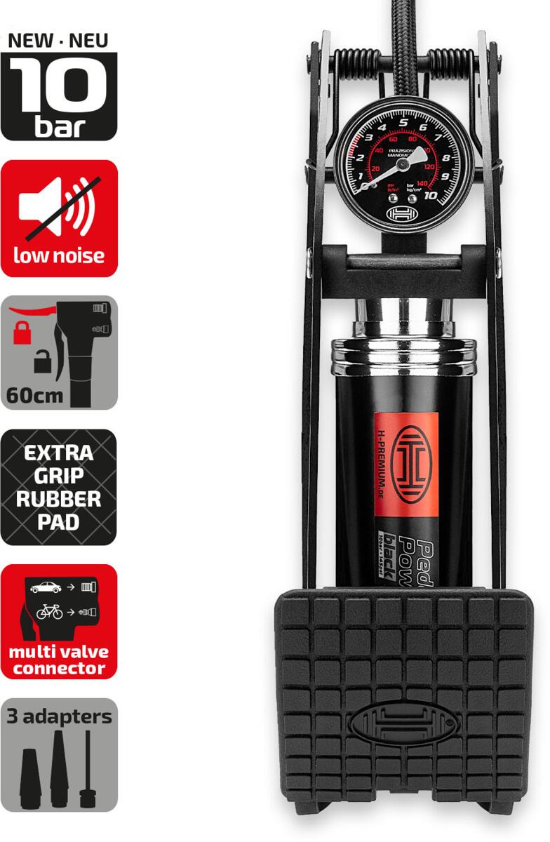 Fotpumpe med manometer 10 bar, 60 cm slange - Heyner komplett sett