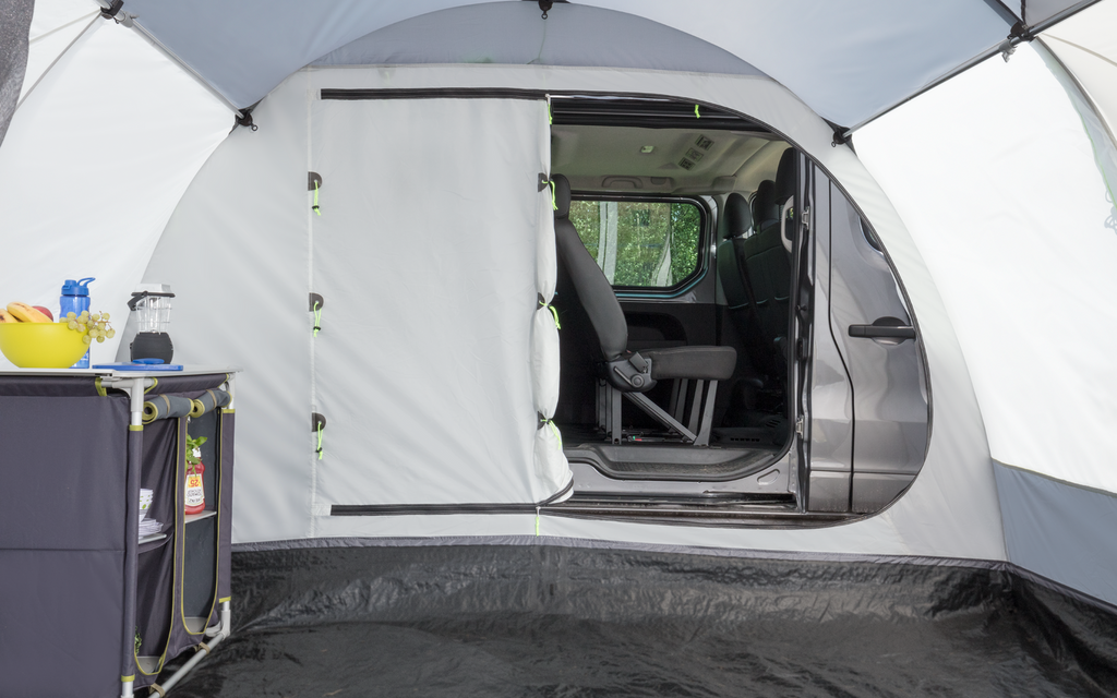 Frittstående bussfortelt Traveller 350x315 cm detalj av stoff og søm