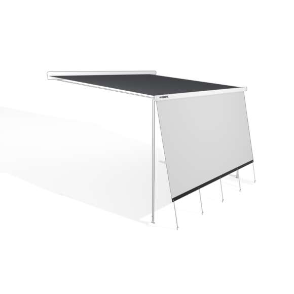 Frontvegg RainProtect for markiser med støtteben, 5 m PVC vist montert
