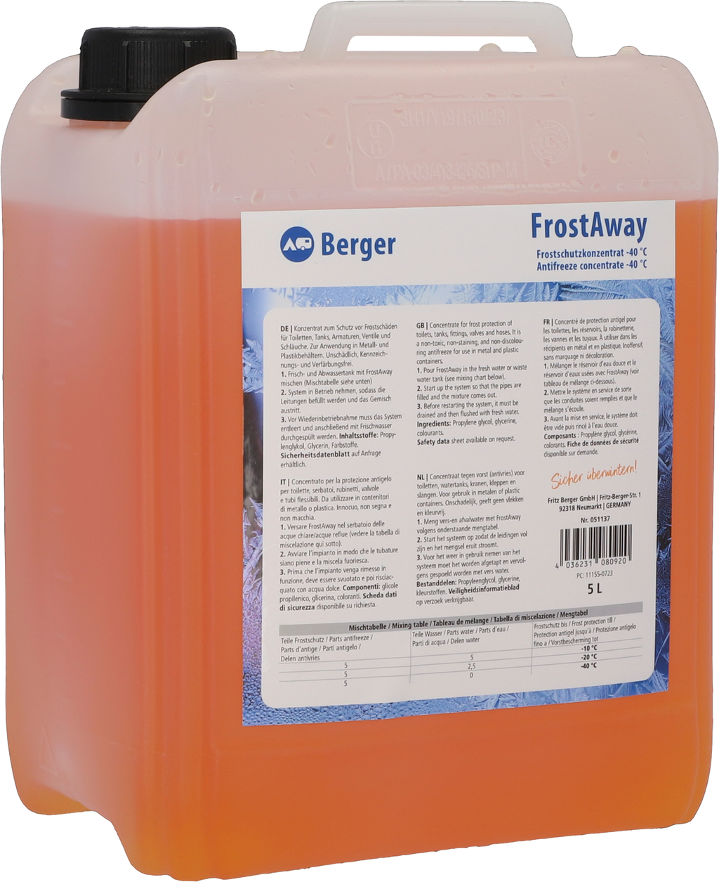 FrostAway frostvæske 5 liter for vannledninger og tanker forfra