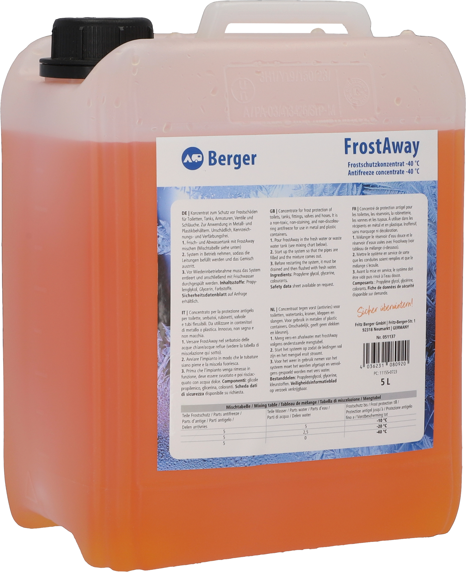FrostAway frostvæske 5 liter for vannledninger og tanker forfra
