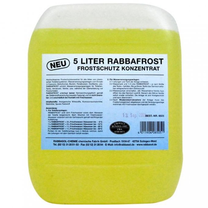 Frostbeskyttelseskonsentrat 5 liter for toalett og tanker - Rabbasol front