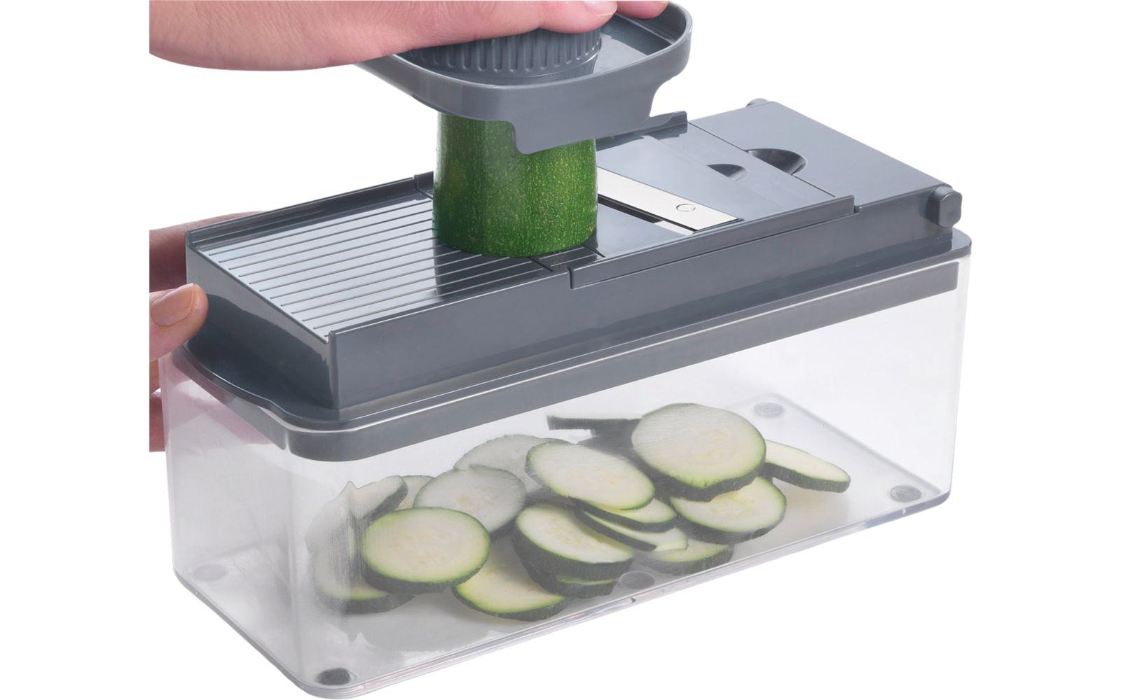 Nærbilde av beholderen til Frukt- og grønnsakskutter Slice-Cube 12-i-1 med 1,5 l beholder