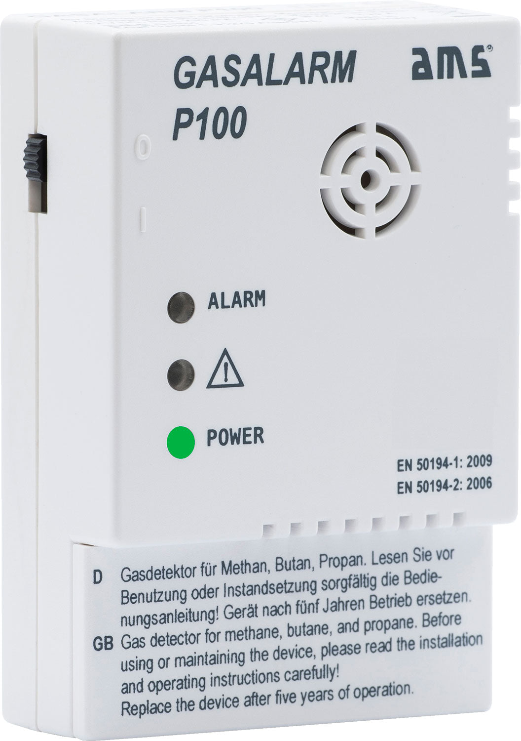 Gassalarm P100 propan butan metan 85 dB 12V hvit AMS