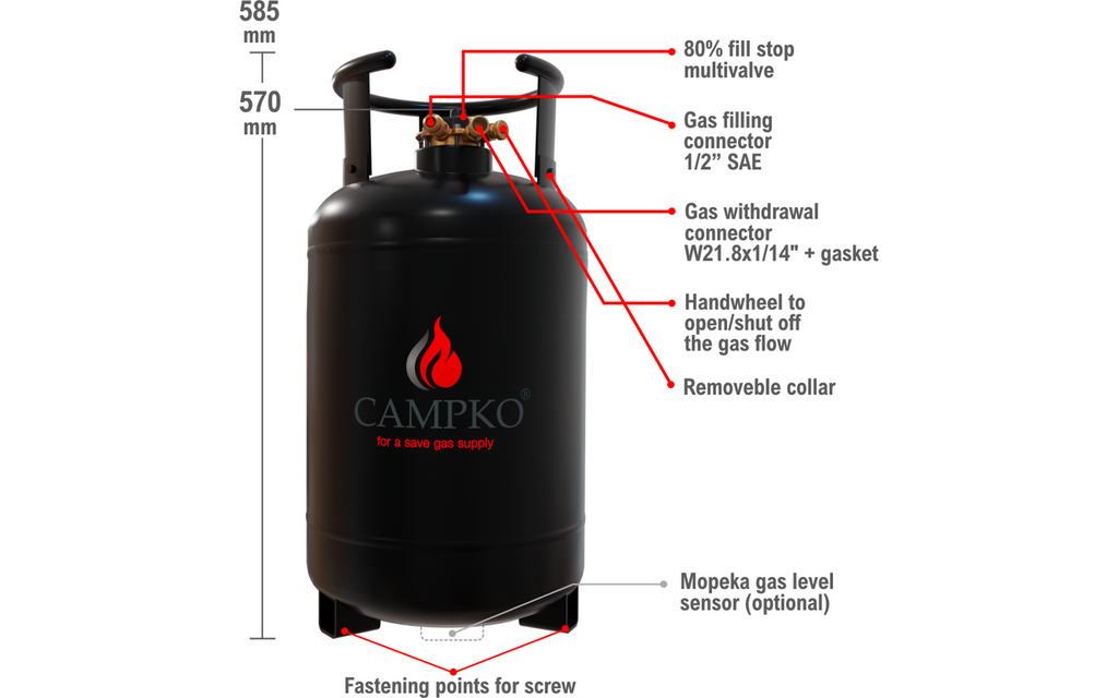 Gassflaske stål 30 liter med multiventil 80 % fyllstopp bakside