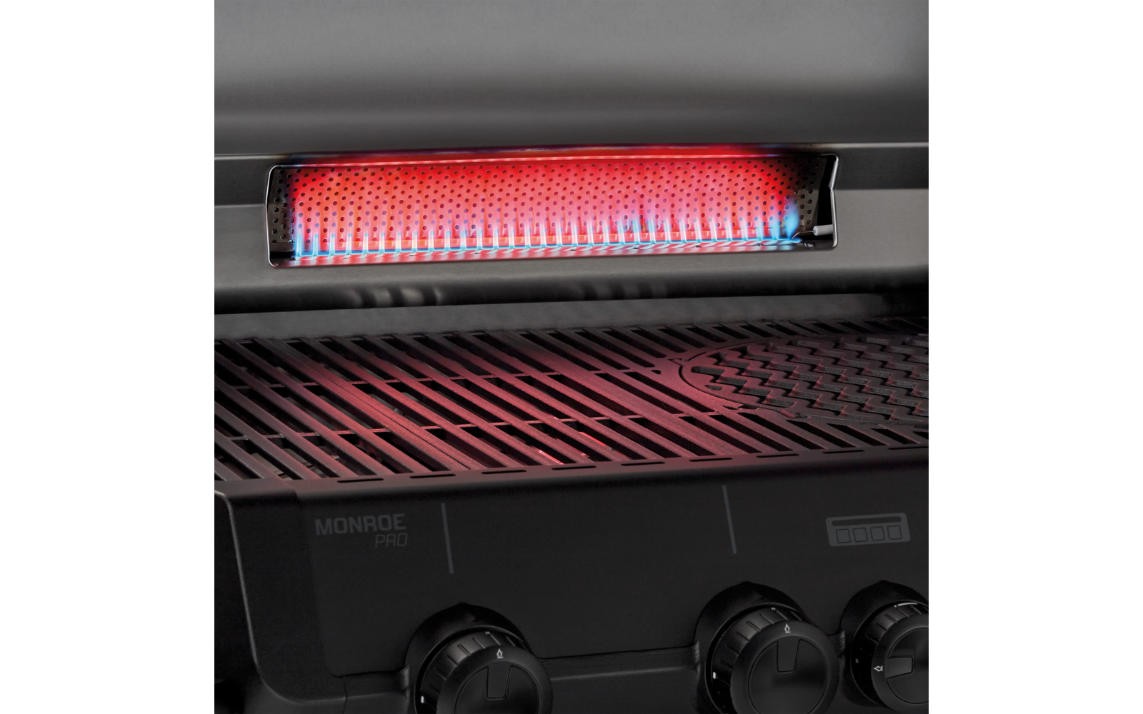 Nærbilde av kontrollpanel på Gassgrill Monroe Pro 4 SIKR Turbo Shadow svart
