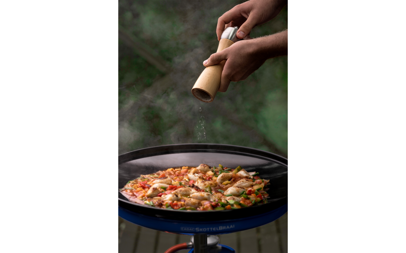 Montert Gassgrill Skottel Braai Ø 49 cm med bæreveske på campingplass