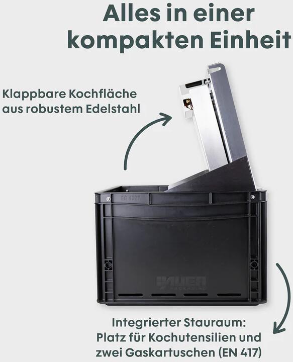 Gasskoker 1-brenner i euroboksformat 1500W svart og gassflasker