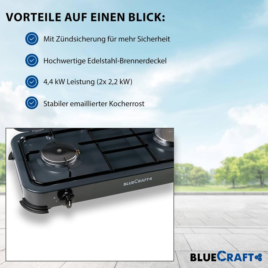 Montert Gasskoker 2-brenner 4,4 kW med tennsikring 60 cm - BlueCraft i campingmiljø