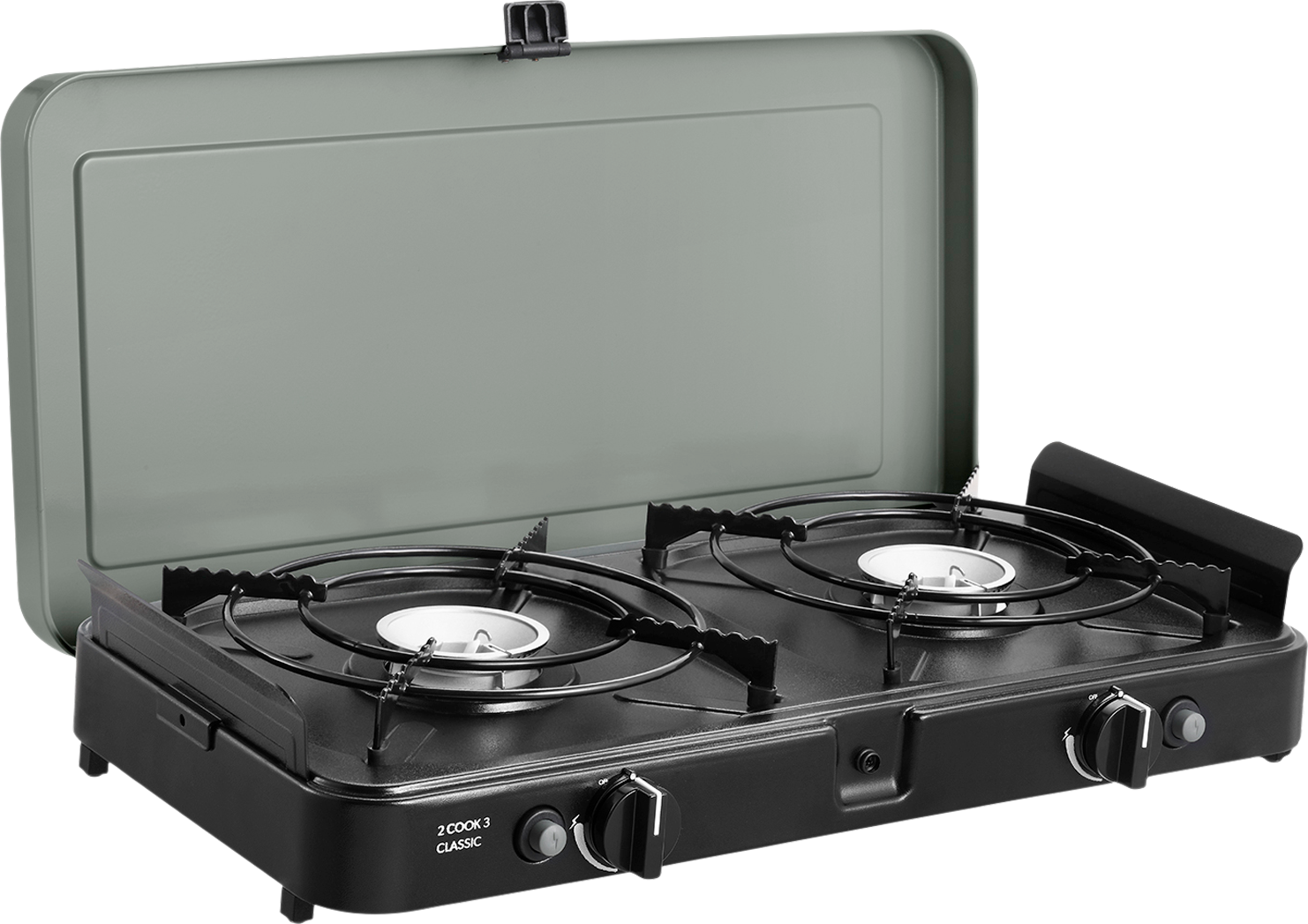 Gasskoker 2 Cook 3 Classic Stove 2-bluss 30 mbar - Cadac forfra med åpnet lokk
