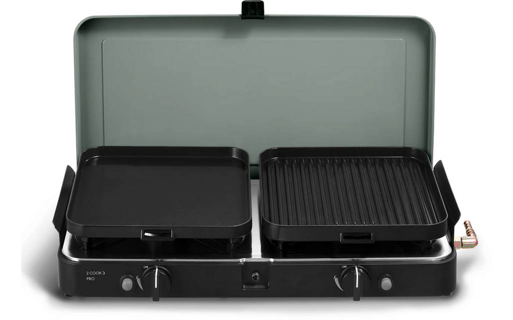Nærbilde av GreenGrill-keramikkbelegg på Gasskoker 2 Cook 3 Pro Deluxe 2-bluss 30 mbar