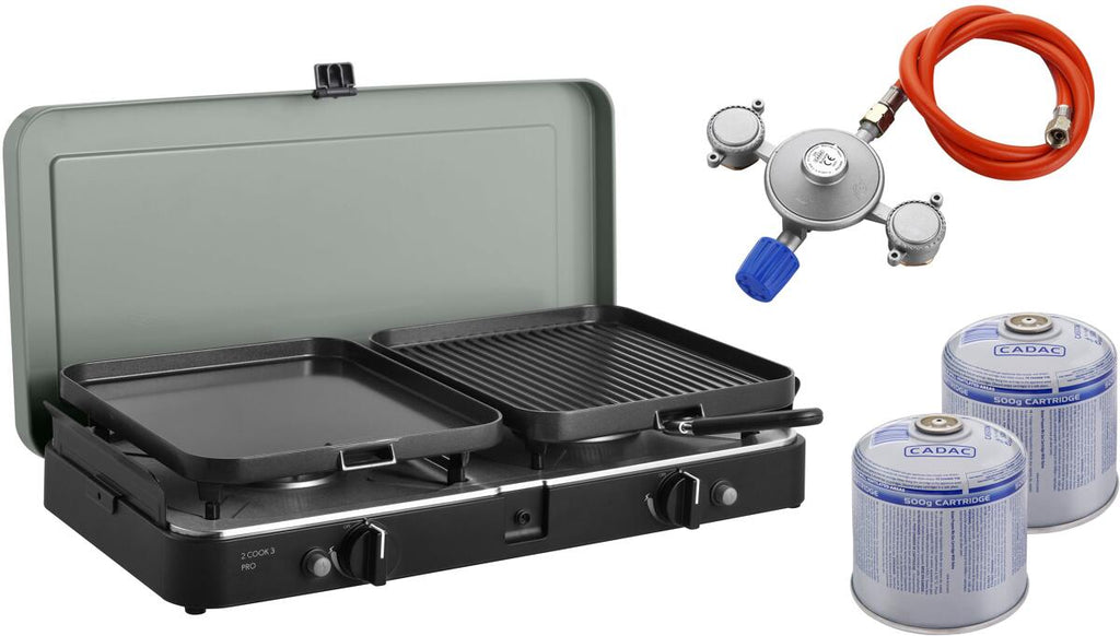 Gasskoker 2-Cook 3 Pro Deluxe 50 mbar med regulator og patroner - Cadac forfra