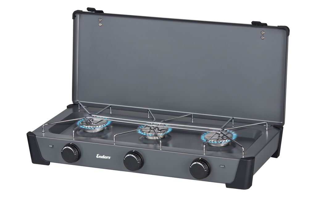 Bakside av Gasskoker Bondy 3 med tre 2,3 kW brennere