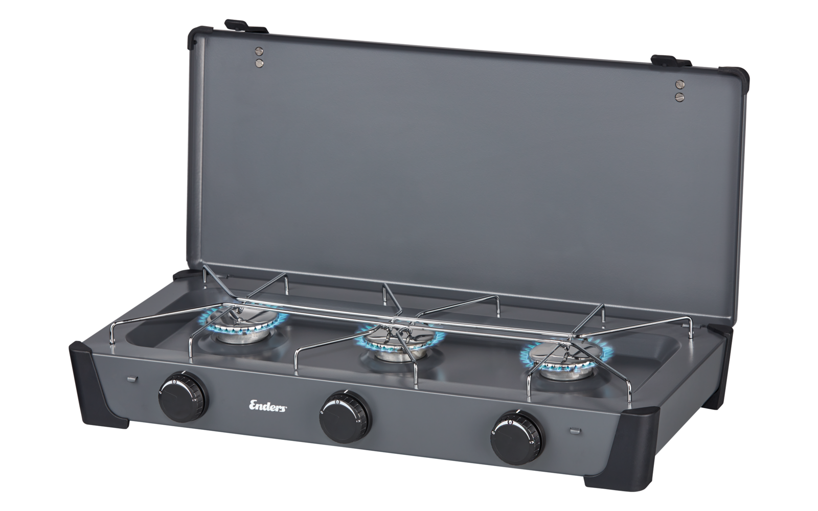 Bakside av Gasskoker Bondy 3 med tre 2,3 kW brennere