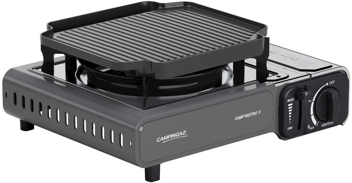 Gasskoker Camp Bistro 3 med grillplate og piezotenn Campingaz sett forfra