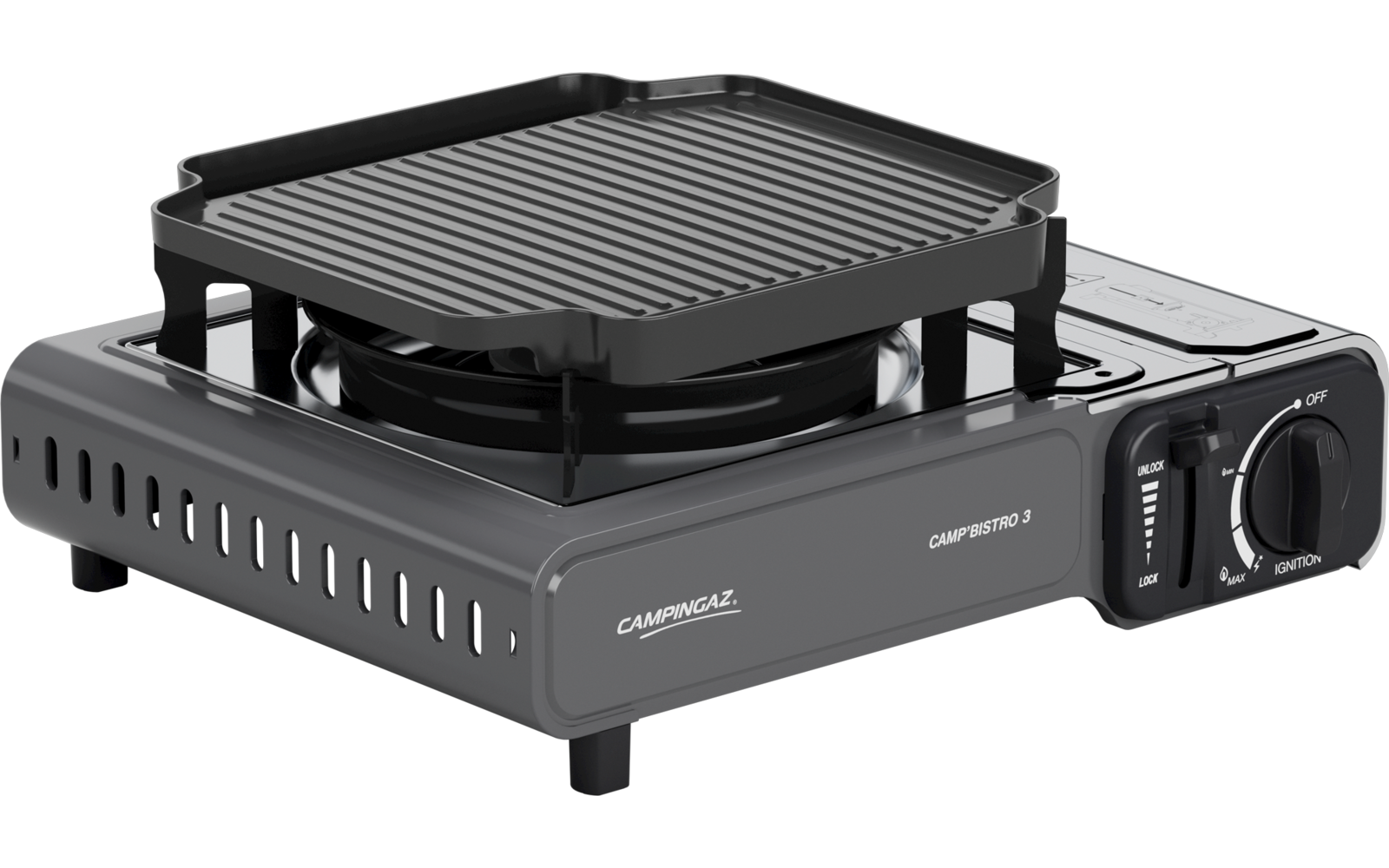 Gasskoker Camp'Bistro 3 med grillplate bakside