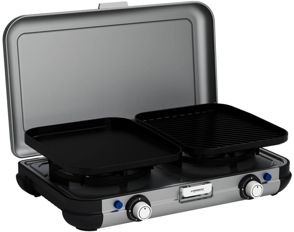 Gasskoker Camping Kitchen 2 Grill & Go forfra med åpnet lokk