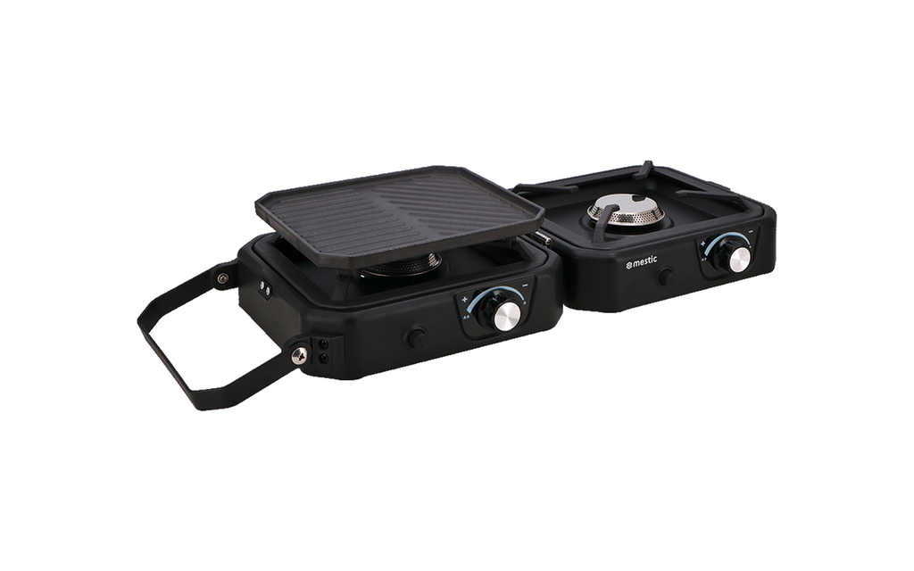 Bakside av Gasskoker MGC-150 2-brenner 2x 1800 W med grillplate