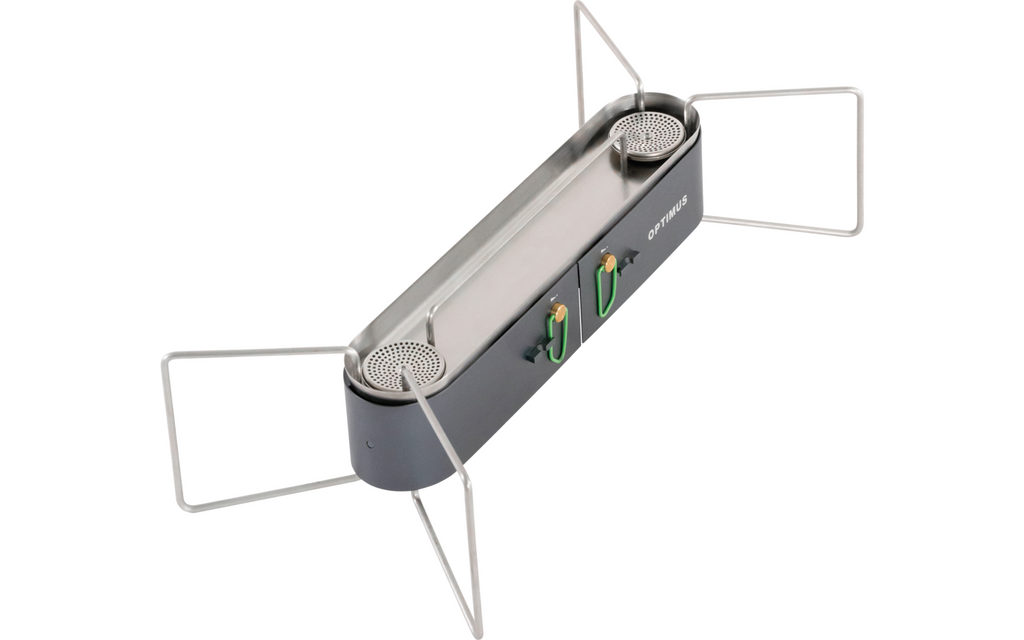 Gasskoker Optimus Gemini II 2-bluss 2x2500W bakside med sammenleggbar gassbeholderholder